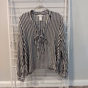 H&M Black and White Striped Top with Tie Neck